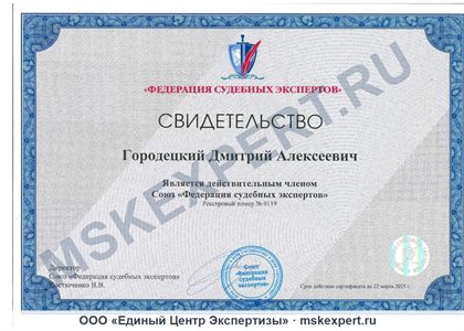 Сертификат Дмитрия Городецкого в области судебной экспертизы
